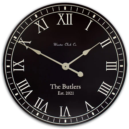 Personalized black wall clock with white letters